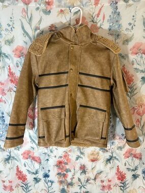 Vintage Women's Tan Faux Shearling Bomber Jacket with Contrast Trim